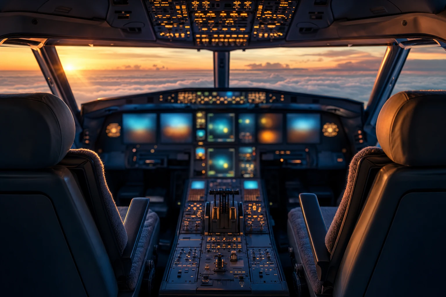 Airline jet flight deck at dusk
